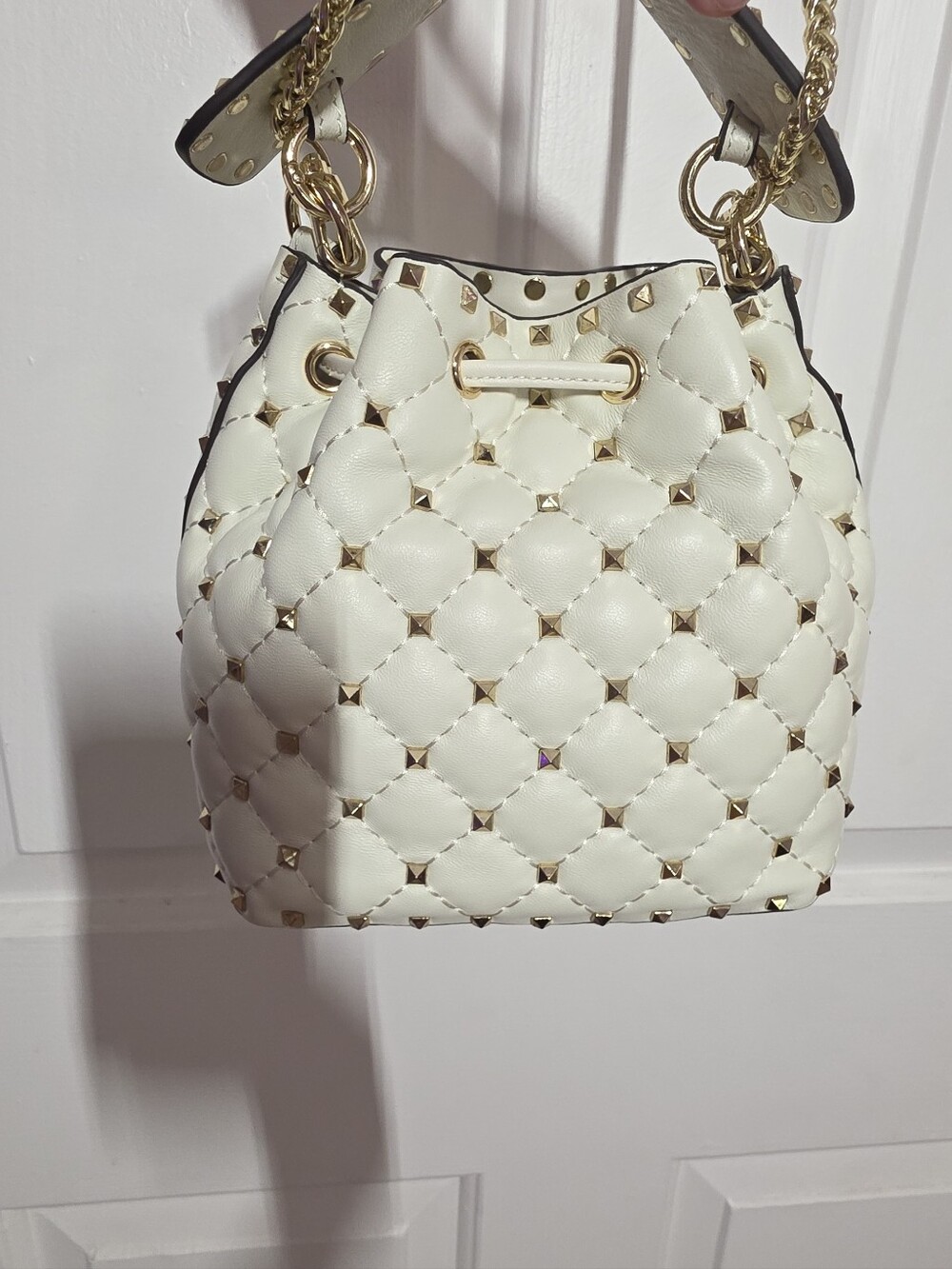 Off White Quilted Studded Drawstring Shoulder Bag - Picture 3 of 13